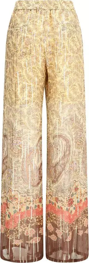 Floral patterned pants with a sheer overlay on a plain background