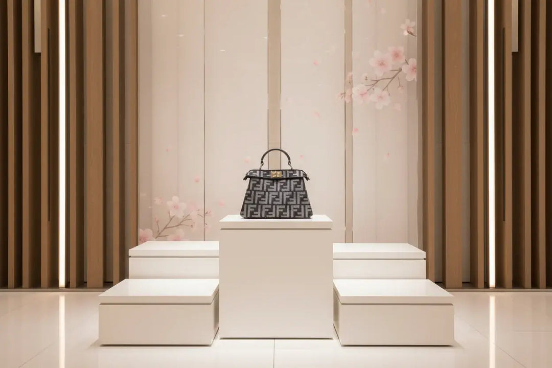 Black handbag with a patterned design on a white background