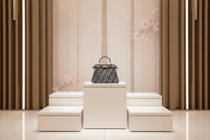 Black handbag with a patterned design on a white background