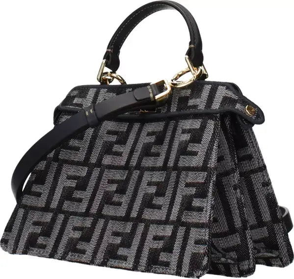 Designer handbag with brand logo pattern on a white background