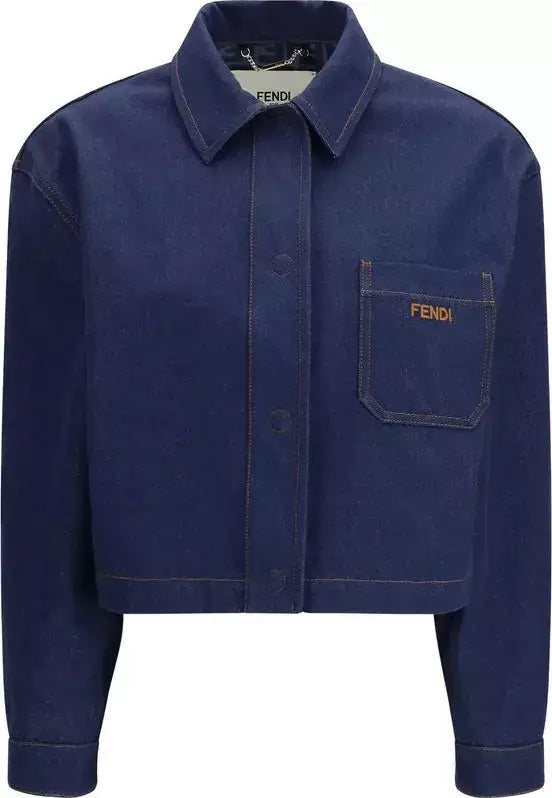 Blue denim jacket with 'Fendi' logo on a white background