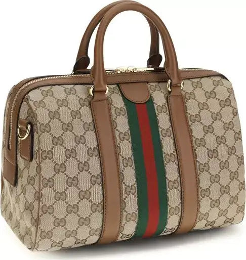 Gucci Ophidia Medium GG Canvas Handbag Beige Brown Leather Trim