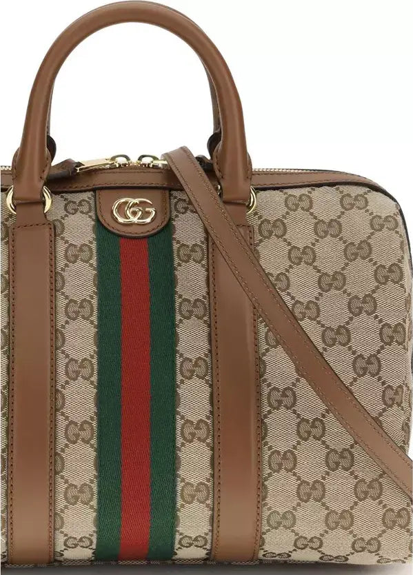 Gucci Ophidia Medium GG Canvas Handbag Beige Brown Leather Trim