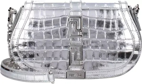 Silver metallic handbag with a prominent brand logo on a white background