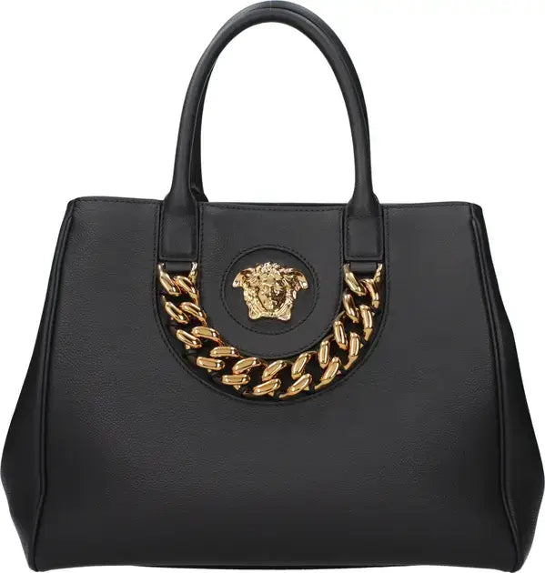 Black VERSACE handbag with front logo and gold chain fascia