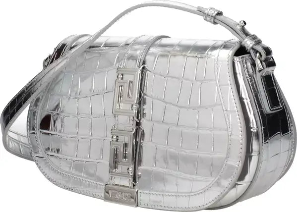 Versace Silver Gray Croc-Embossed Leather Shoulder Bag
