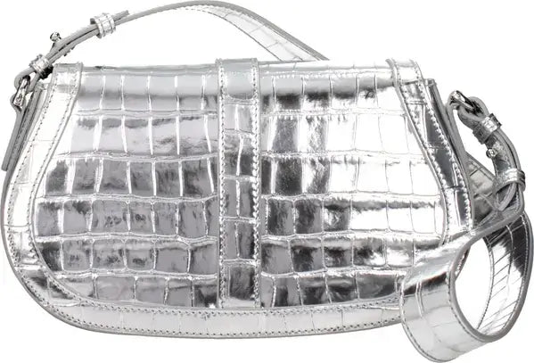 Versace Silver Gray Croc-Embossed Leather Shoulder Bag