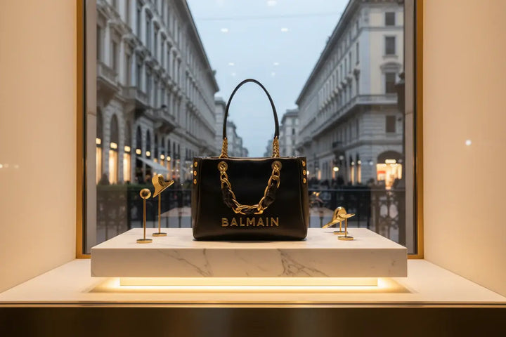 Black handbag with gold chain details and Balmain logo on a white background