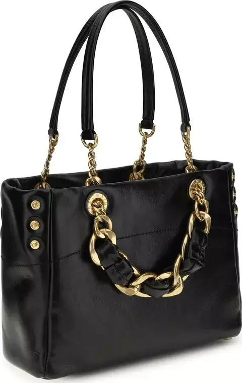 Black handbag with gold chain details on a white background