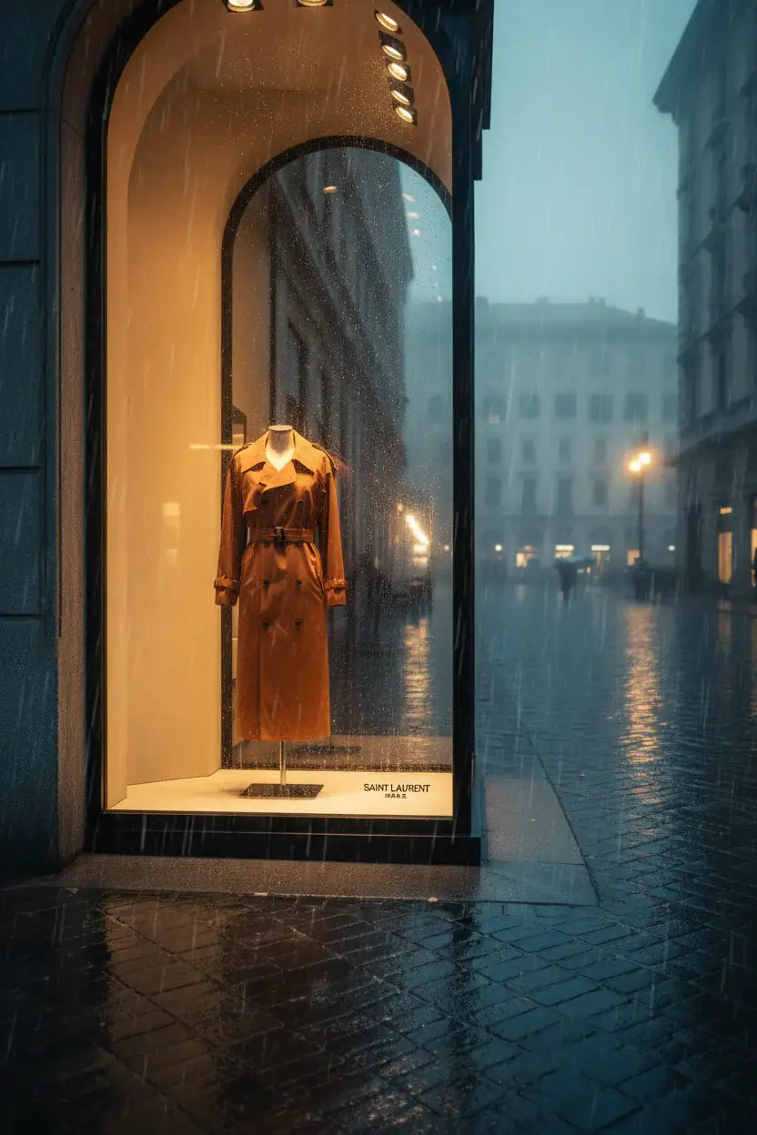 Brown trench coat display window raining MILAN.