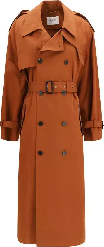 Brown trench coat with a belt on a white background