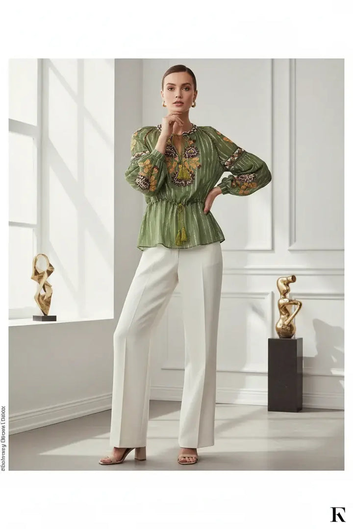 VALENTINO Bicolor Embroidered Silk Shirt with Bead & Crystal Detailing – Women’s