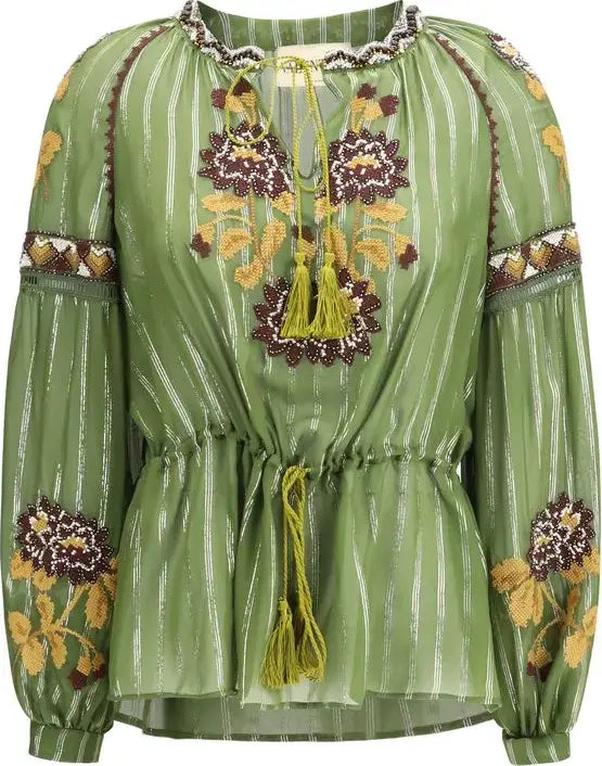 Graphic print designer green silk shirt top
