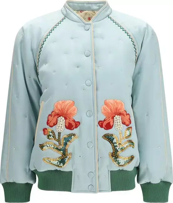 Light blue jacket with floral embellishments on a white background