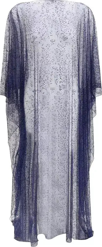 Sheer blue and white patterned dress with long sleeves on a plain background