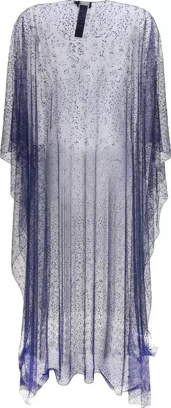 Sheer white dress with blue accents and a subtle pattern on a white background