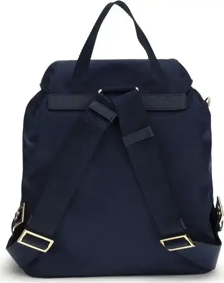 Navy blue backpack with gold buckles on a white background
