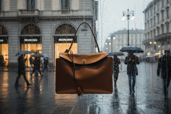 Brown leather handbag with a gold clasp on a white background