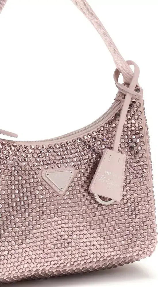 Prada Re-Edition Pink Crystal Embellished Satin Shoulder Bag | S7