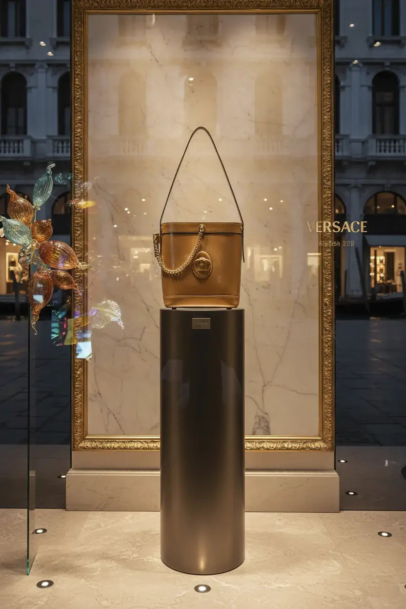 Brown leather bucket bag with gold chain and Versace logo on a white background