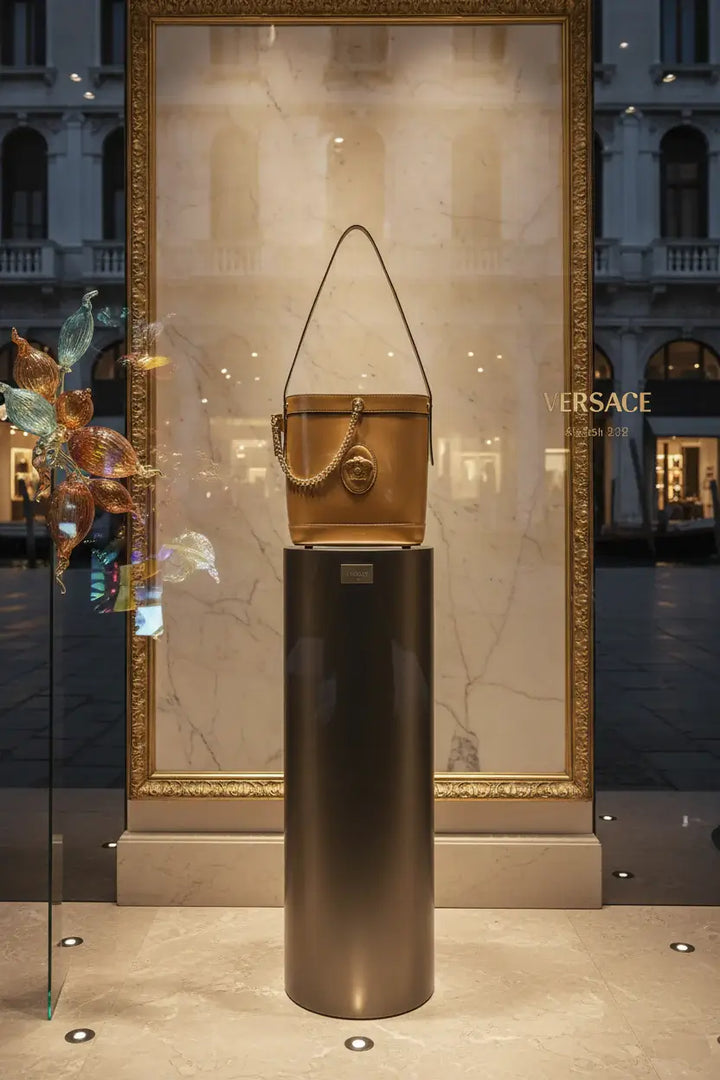 Brown leather bucket bag with gold chain and Versace logo on a white background