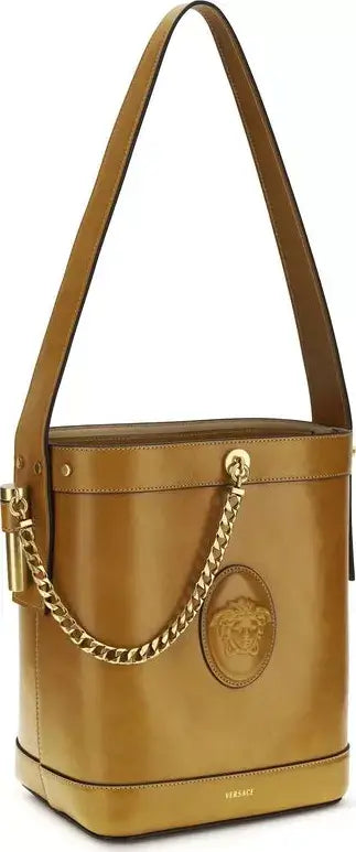 Tan handbag with gold chain and emblem on a white background