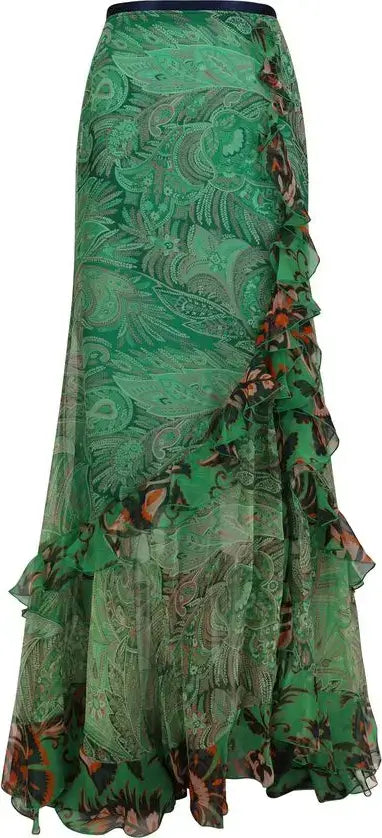 Green floral patterned skirt with ruffled layers on a white background