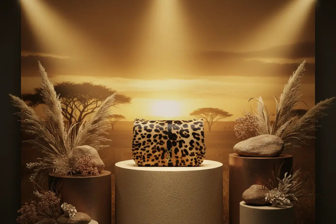 Leopard print handbag with YSL logo on a white background