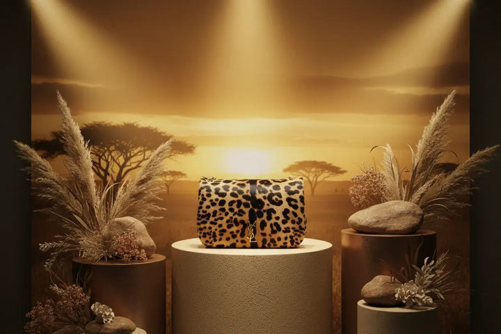Leopard print handbag with YSL logo on a white background