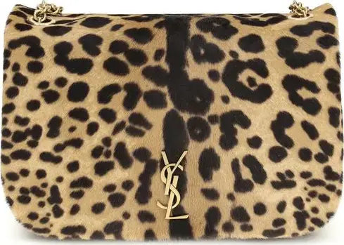 Leopard print handbag with YSL logo on a white background