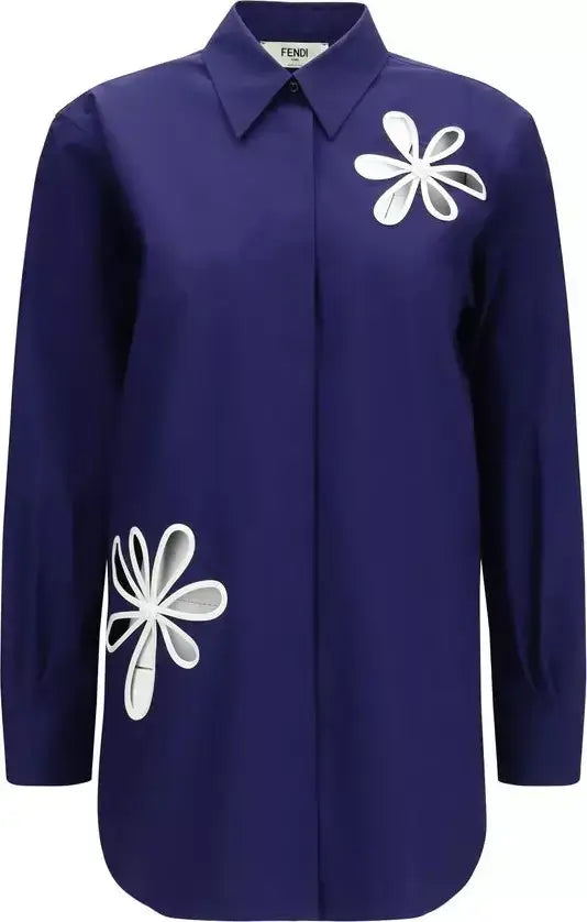 Navy blue shirt with white floral patterns on a white background