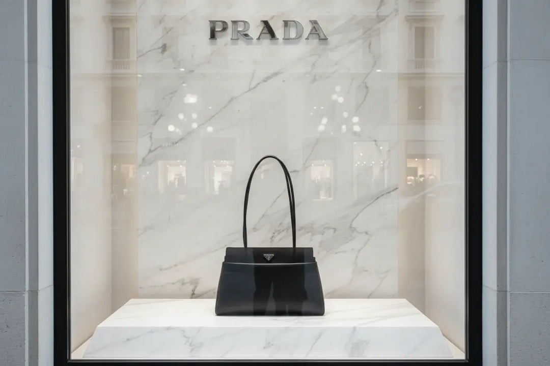 Black handbag with Prada logo on a white background