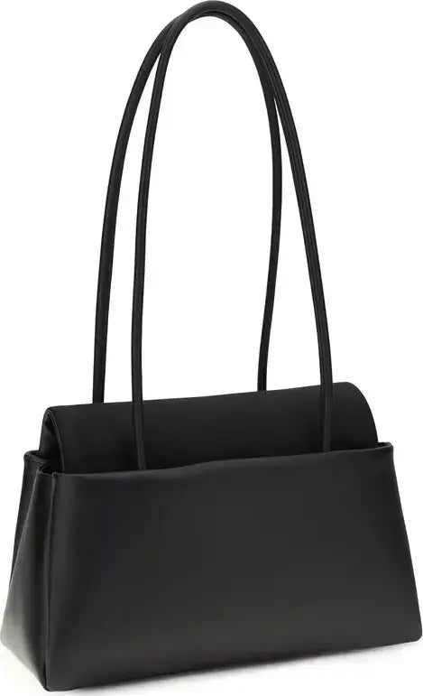 Black handbag with a white background
