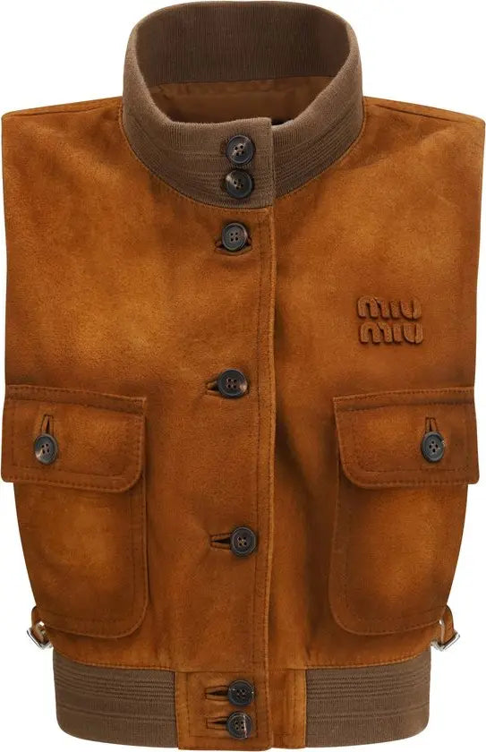 Brown suede vest with button details on a white background