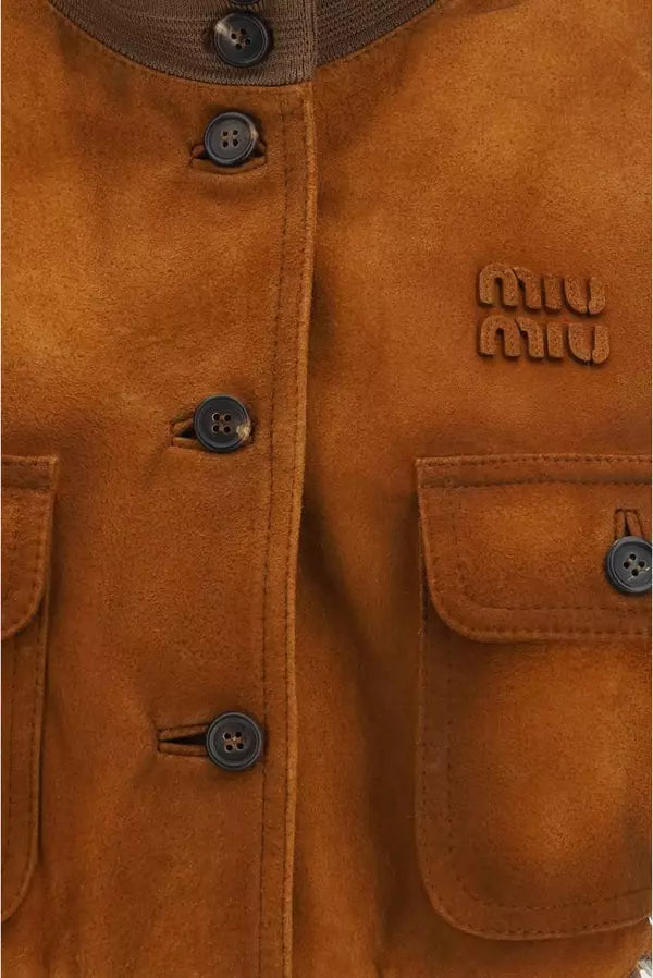 Brown suede jacket with button details and 'Miu Miu' logo.