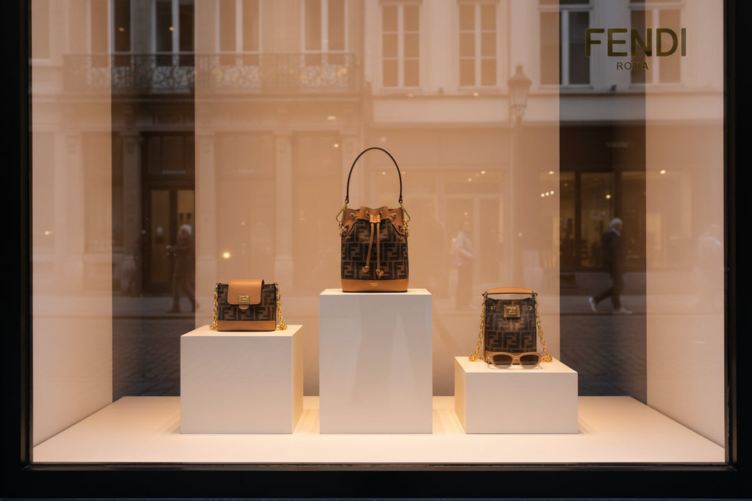 Brown bucket bag with gold accents and Fendi logo on a white background