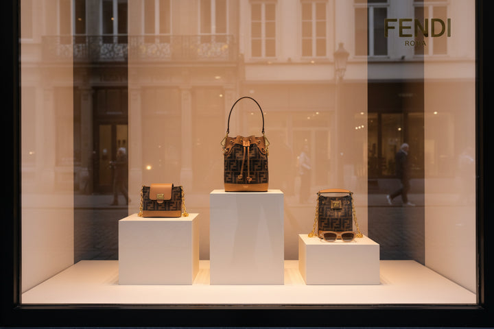 Brown bucket bag with gold accents and Fendi logo on a white background