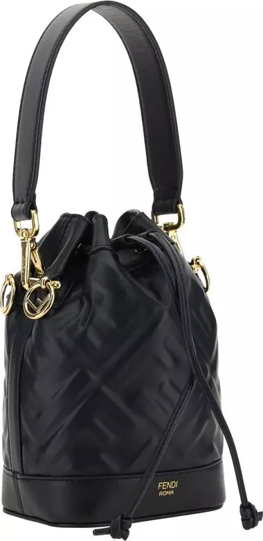 Black drawstring bag with gold hardware on a white background