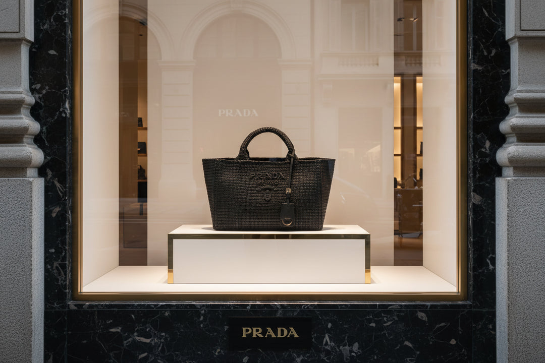 Black woven Prada handbag on a white background