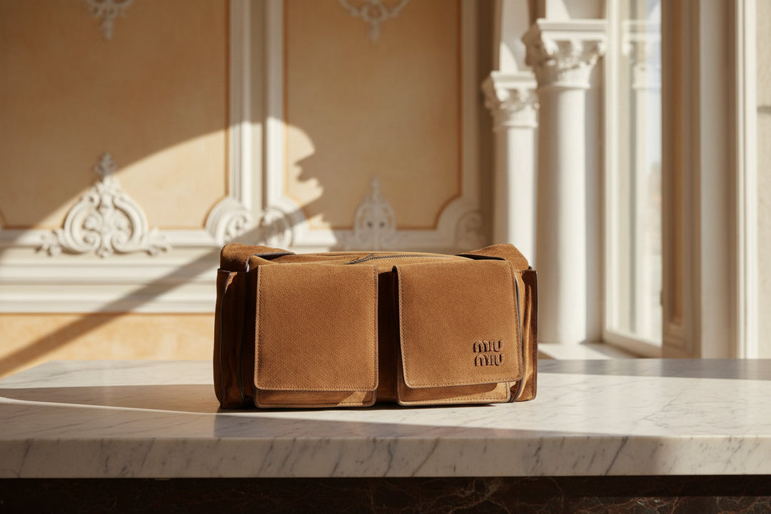 Brown leather bag with 'Miu Miu' logo on a white background