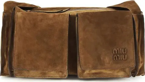 Brown leather bag with 'Miu Miu' logo on a white background