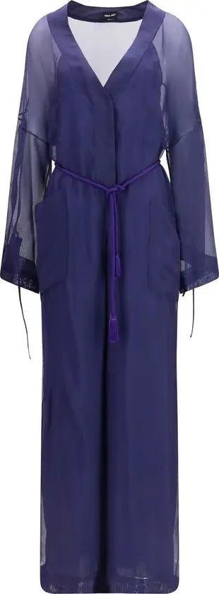 Navy blue dress with sheer sleeves and a belt on a white background