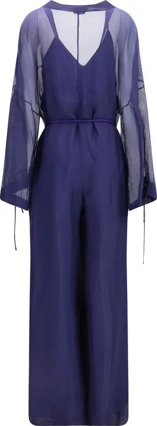 Navy blue jumpsuit with sheer sleeves on a white background