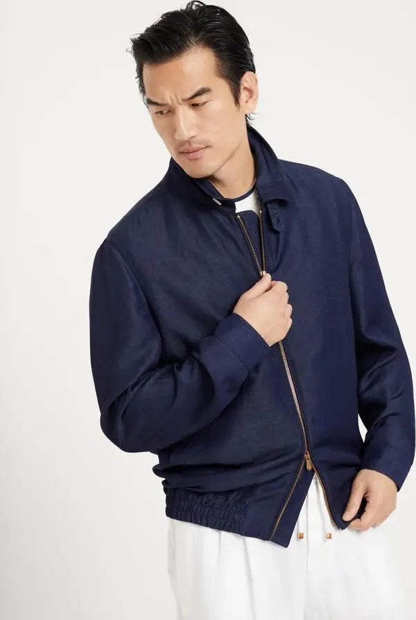 Man wearing a navy blue jacket with a white background