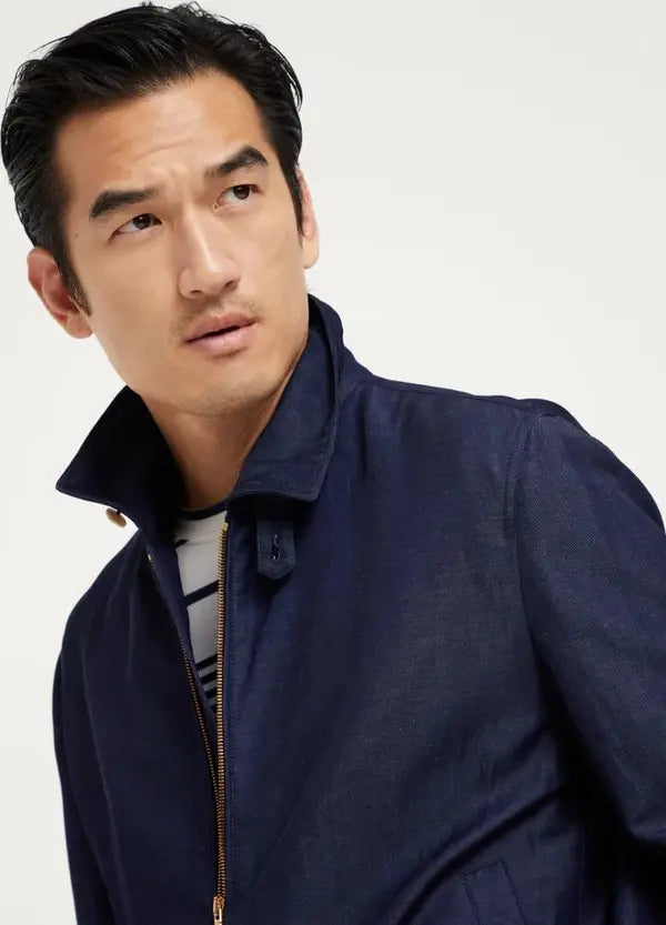 Man wearing a navy blue jacket on a white background