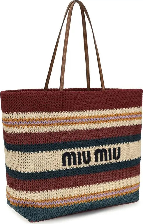 Striped handbag with 'Miu Miu' logo on a white background