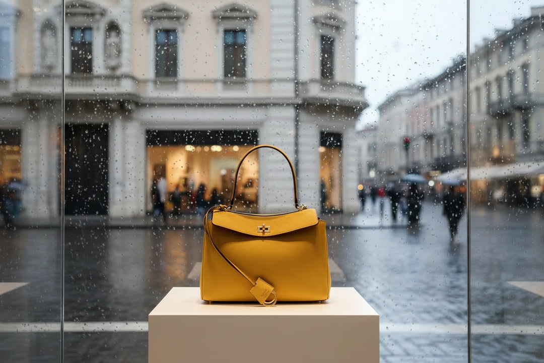 Yellow handbag with a gold clasp on a white background
