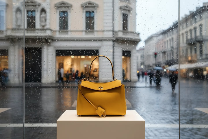 Yellow handbag with a gold clasp on a white background