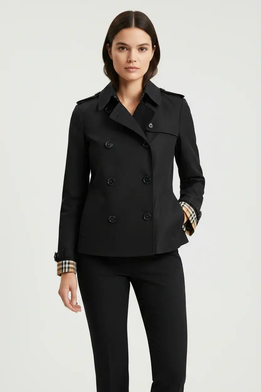 Black trench coat with Burberry check pattern on a white background