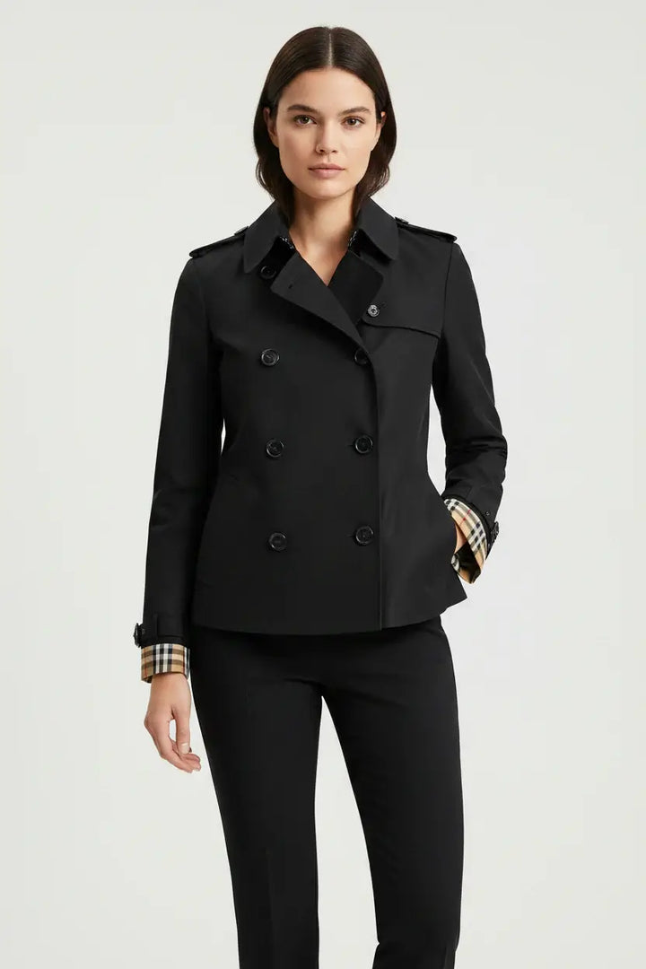 Black trench coat with Burberry check pattern on a white background